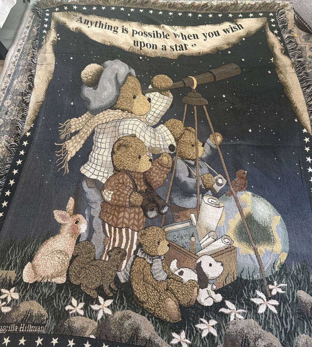 VTG 1999 Priscilla Hillman Teddy Bear Throw Blanket Afghan Tapestry 65” By 48”